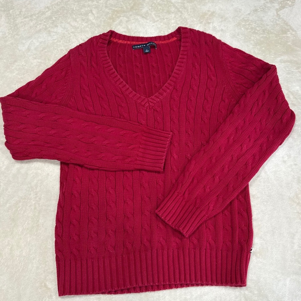 Tommy Hilfiger Red Cable Knit V-Neck Sweater Womens Size Medium Long Sleeve